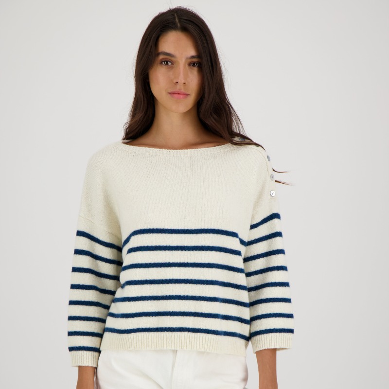 Les Racines du Ciel Ceryse Crew Neck Sweater Off White/Blue, Sizes: S / Colour: AR93 Off White/Blue